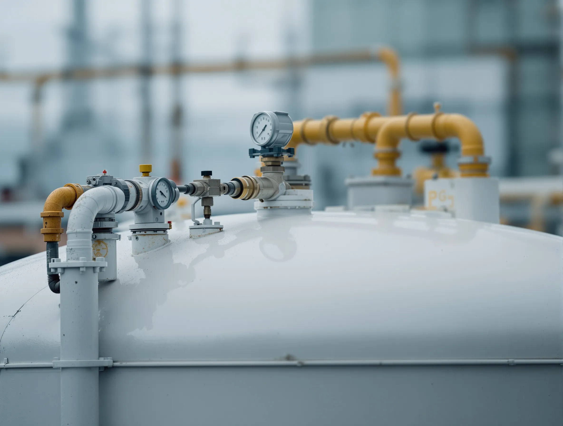 Armatura naziemnego zbiornika LPG: zawór bezpieczeństwa, manometr i rurociąg gazowy