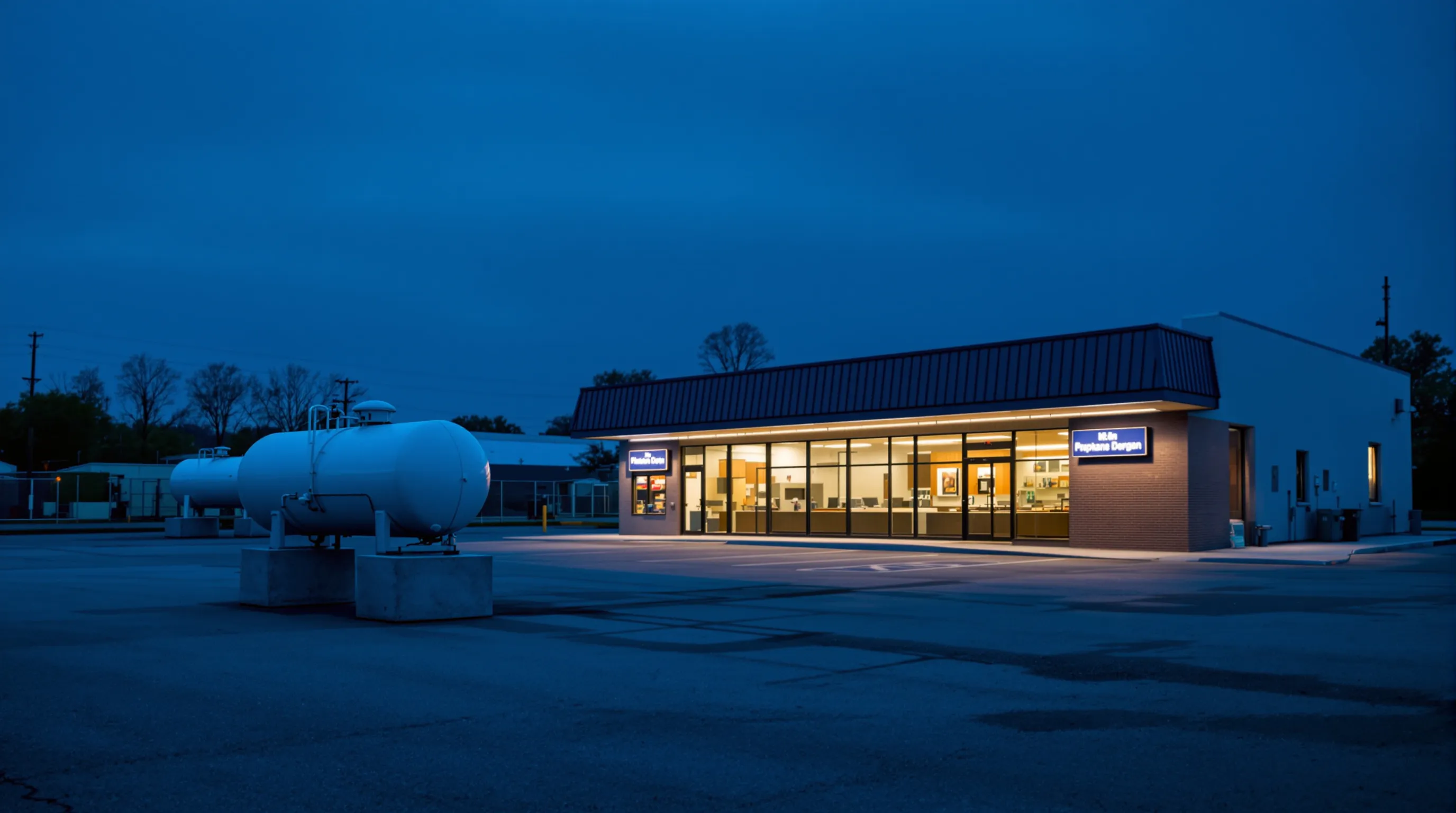 Naziemny zbiornik gazu płynnego LPG w sąsiedztwie budynku handlowego o zmierzchu