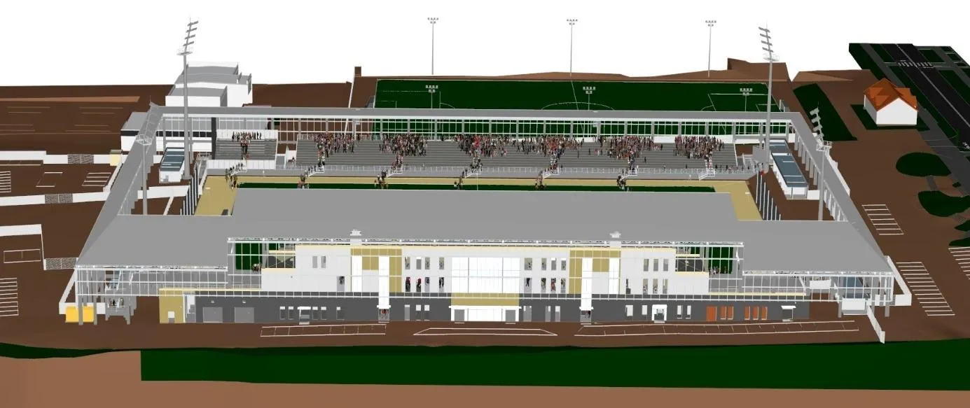 Model 3D stadionu w Chełmie z trybunami i rozmieszczeniem kibiców